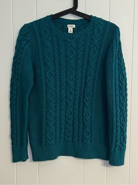 L.L.Bean Dark Aqua Double L Cable Fisherman Pullover Crewneck Sweater Size M